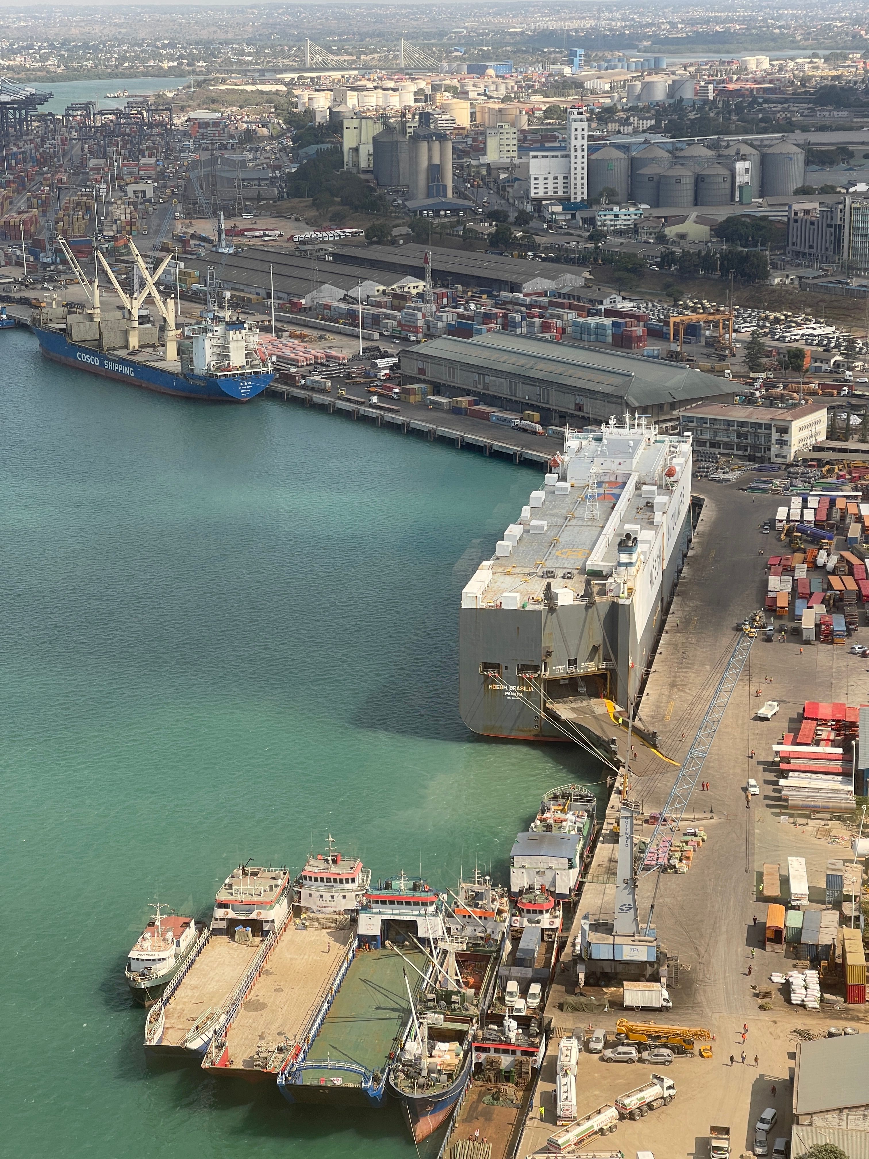 Aerial view of a cargo ship approaching harbour